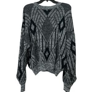 Vintage 80s Sasson Black Geometric Knit Sweater Black Gray Relaxed Retro Large